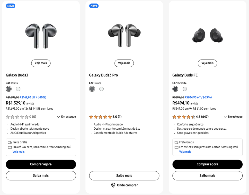 Samsung Galaxy Buds 3 Pro indisponível no site da Samsung