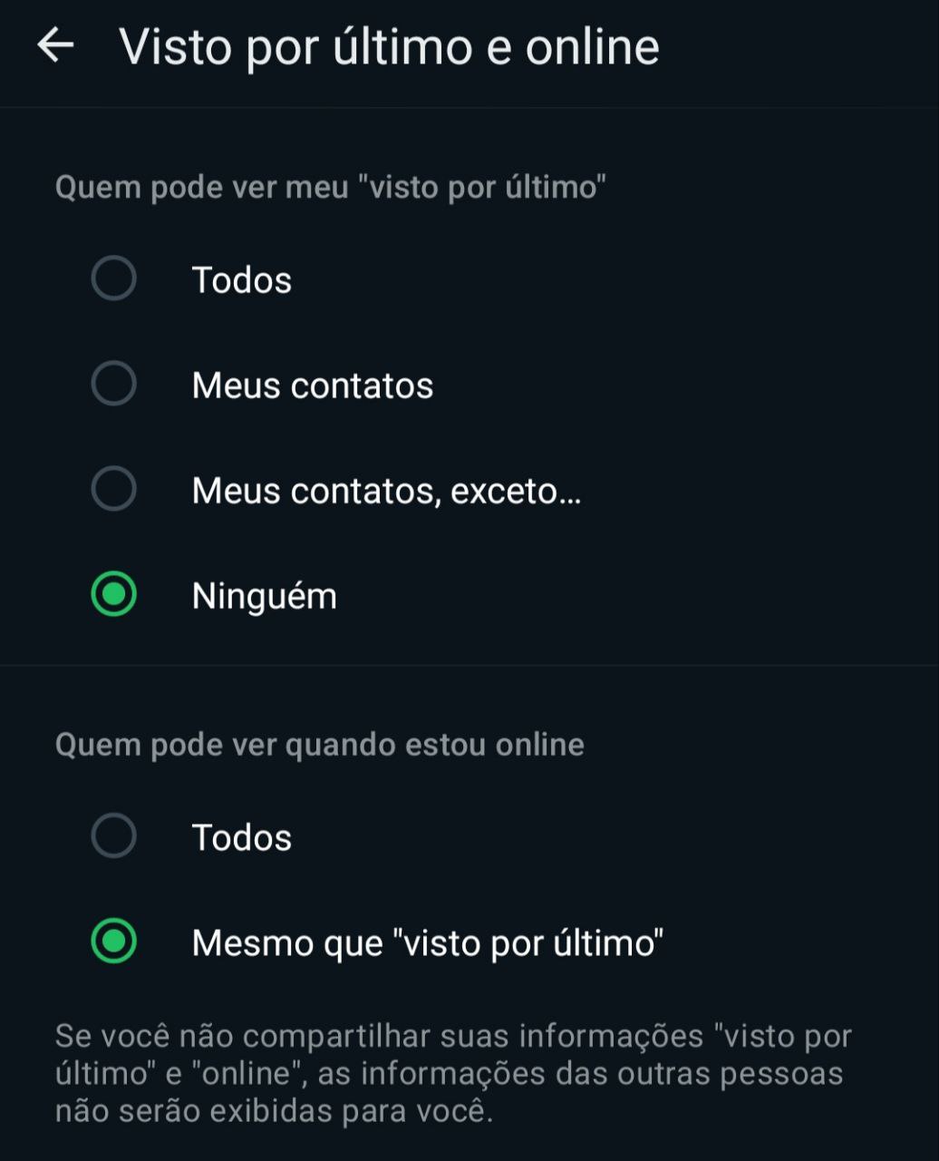 Visto por último e online no WhatsApp