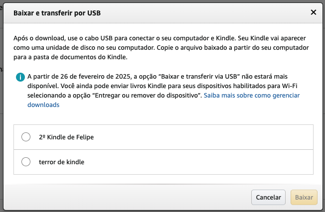 Aviso da Amazon sobre fim do recurso de baixar livros no PC