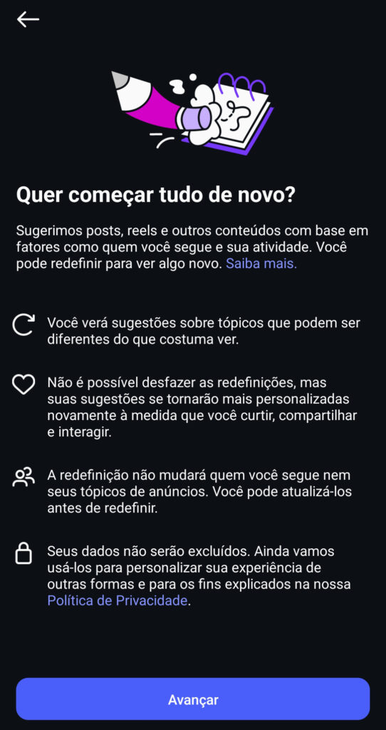 Quer começar tudo de novo? Tela explicativa de redefinição de conteúdo do Instagram