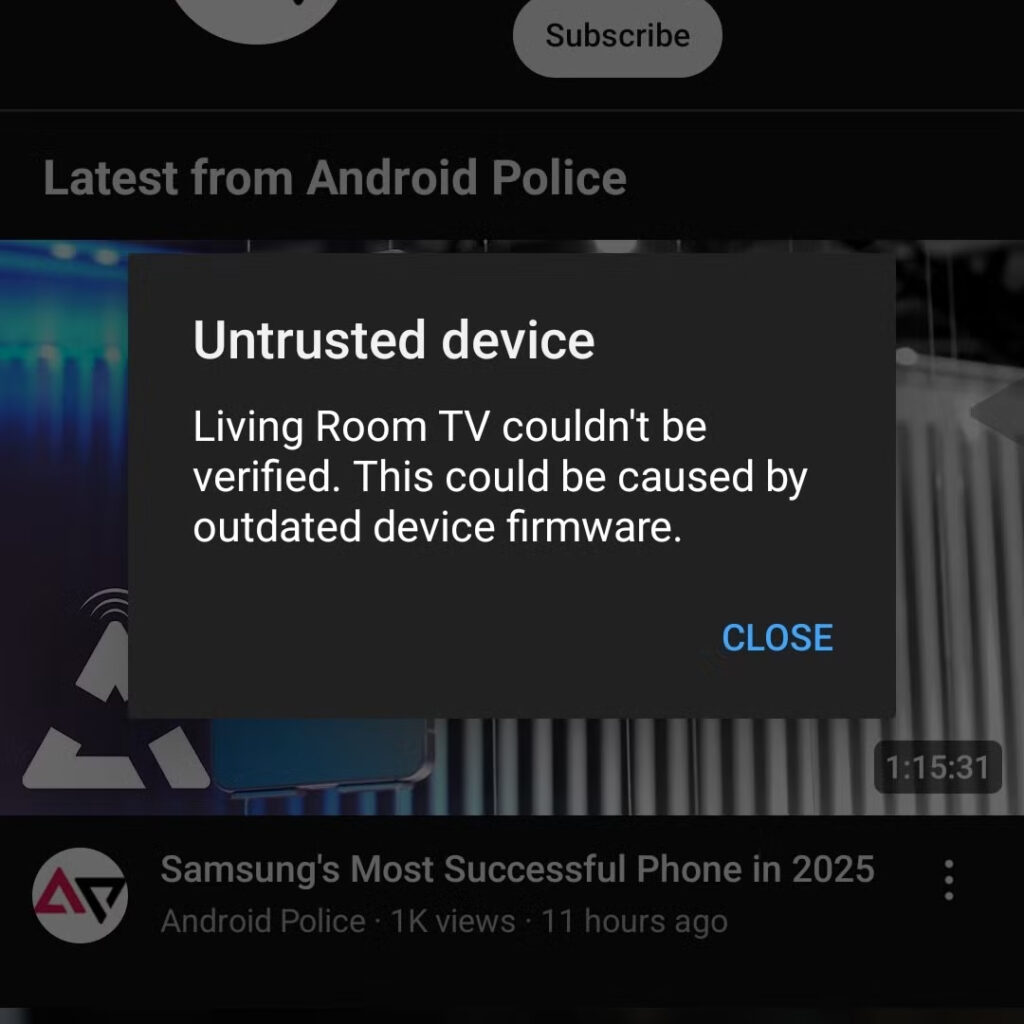 Captura de tela de uma falha no Chromecast "dispositivo não confiávelä