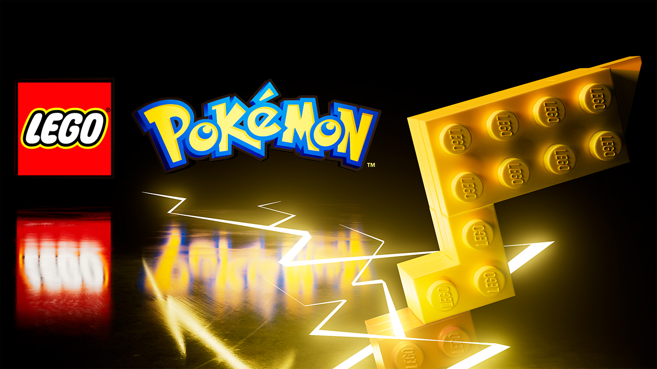 Os logos de LEGO e Pokémon, com um rabo de Pikachu na versão blocos de montar e raios