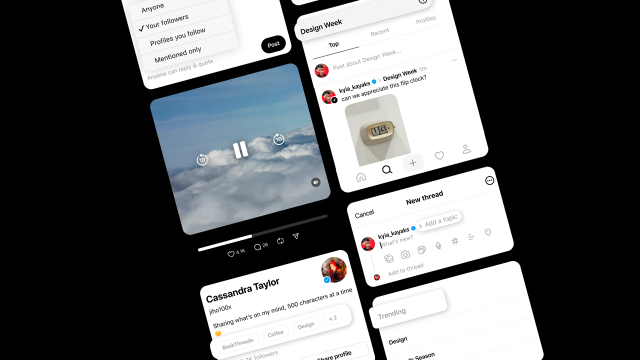 Uma colagem de telas do Threads com os novos recursos liberados em março