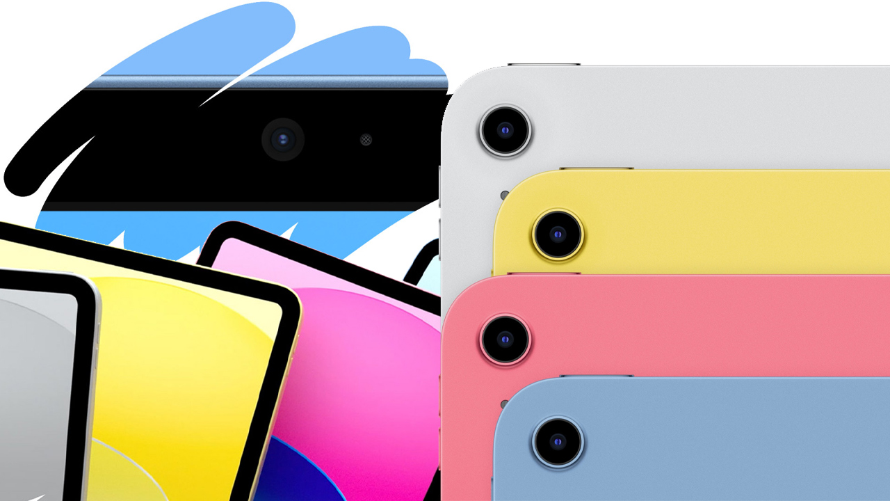 Apple iPad A16 com detalhes da traseira nas cores azul, rosa, amarelo e prateado, alguns detalhes da tela e um destaque para a câmera frontal