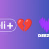 Logo do Meli+, um emoji de coração partido e o logo da Deezer