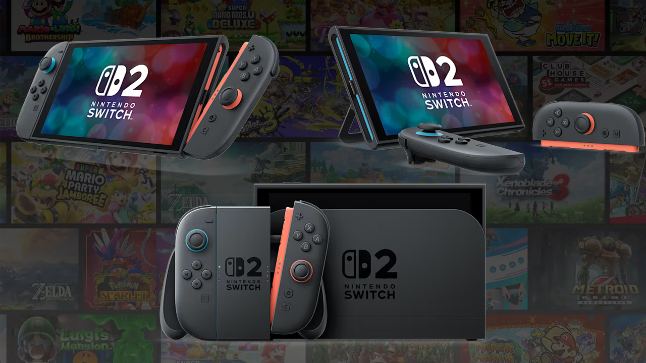 O Nintendo Switch mostrado nos três modos possíveis: portátil, apoiado e no dock para jogar na TV