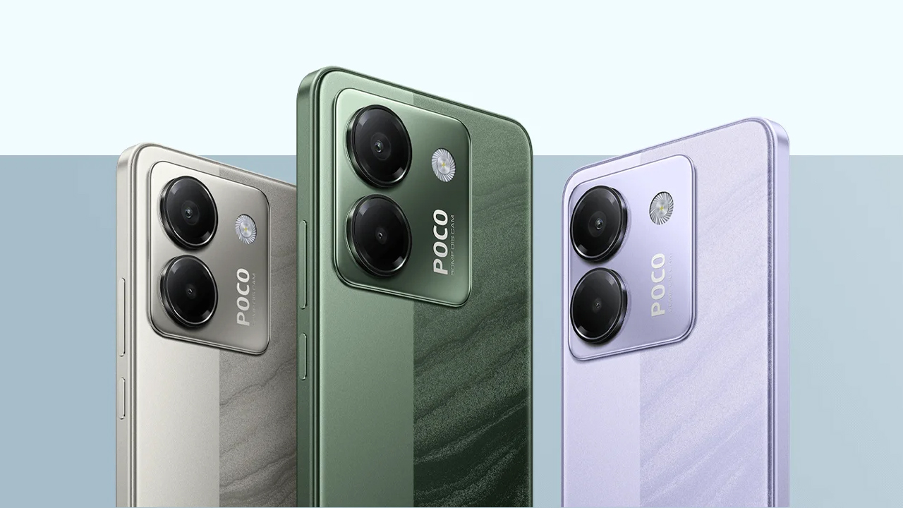Renderização do celular Poco M7 Pro nas cores cinza, verde e roxo. O aparelho tem um módulo de câmera quadrado, com quinas arredondadas, dois círculos para as lentes e um flash ao lado da lente de cima