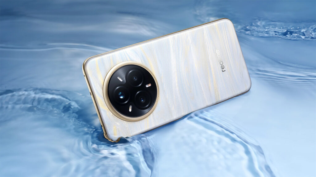 renderização do Realme 14 Pro Plus na cor perolada com detalhes dourados e traseira estilizada como se fosse uma pérola