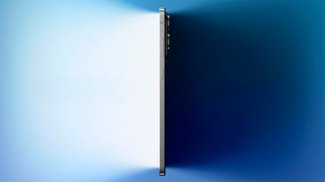 Imagem do Galaxy S25 Edge de lado, mostrando um celular muito fino, com a tela acesa e iluminando o lado dela