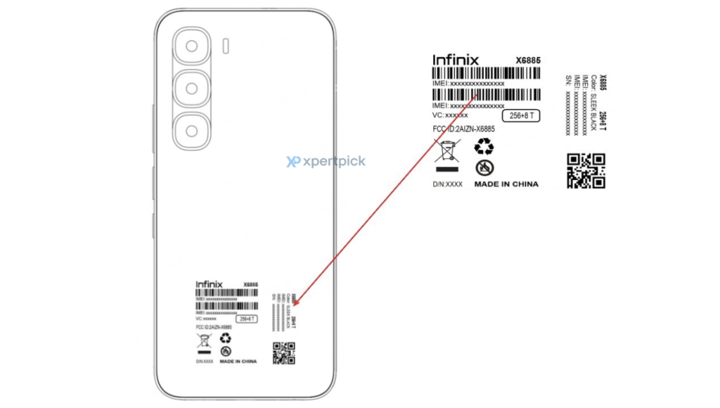 Desenho do Infinix Hot 60 Pro em certificação do FCC mostra a etiqueta do aparelho em sua traseira