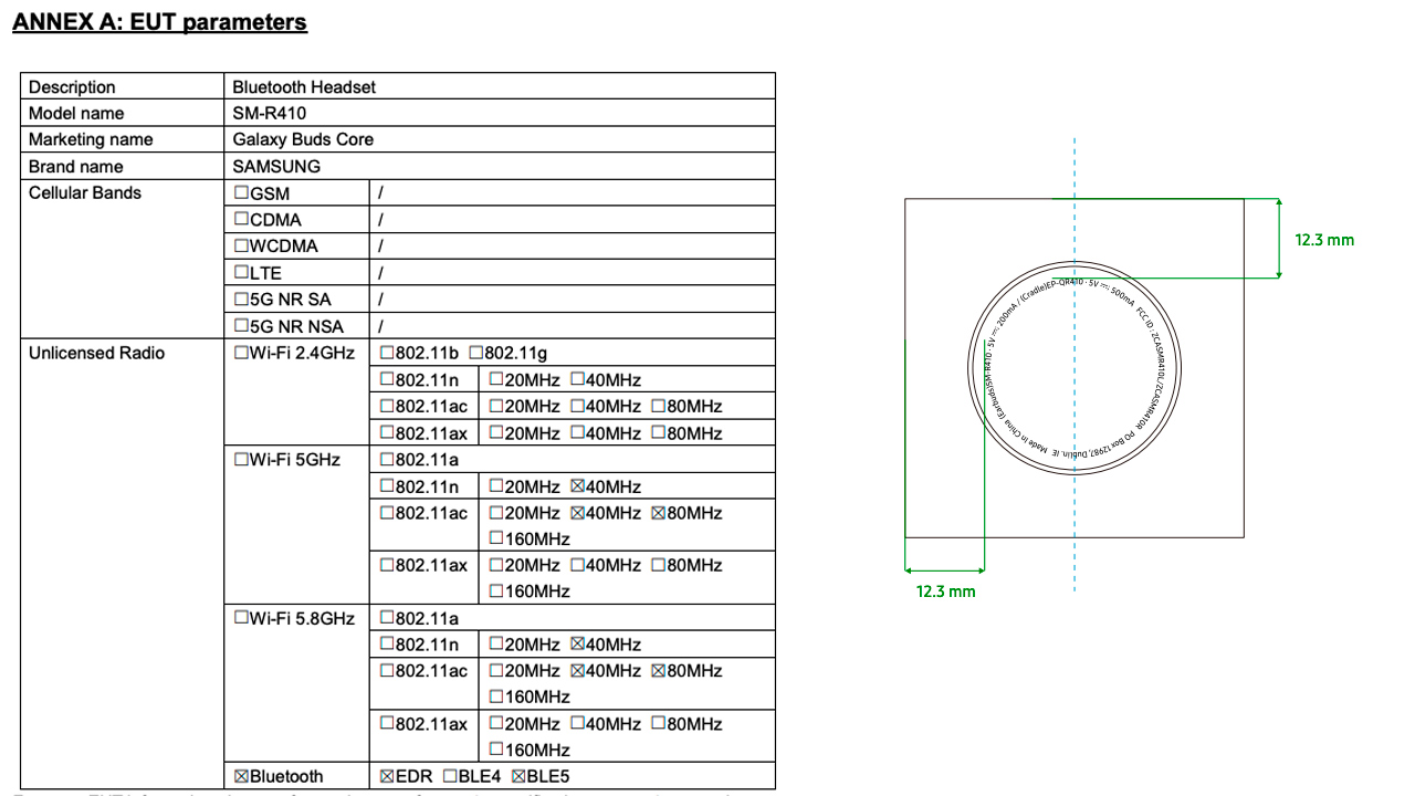 Listagem do FCC com o dispositivo RM-410 da Samsung, nome de marketing Galaxy Buds Core