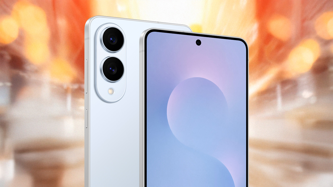 Imagem do Galaxy S25 Edge na cor azul de frente e traseira sob um fundo falso