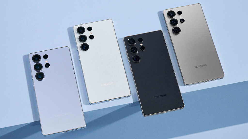 Traseiras do Galaxy S25 Ultra em quatro cores: azul, branco, preto e prata