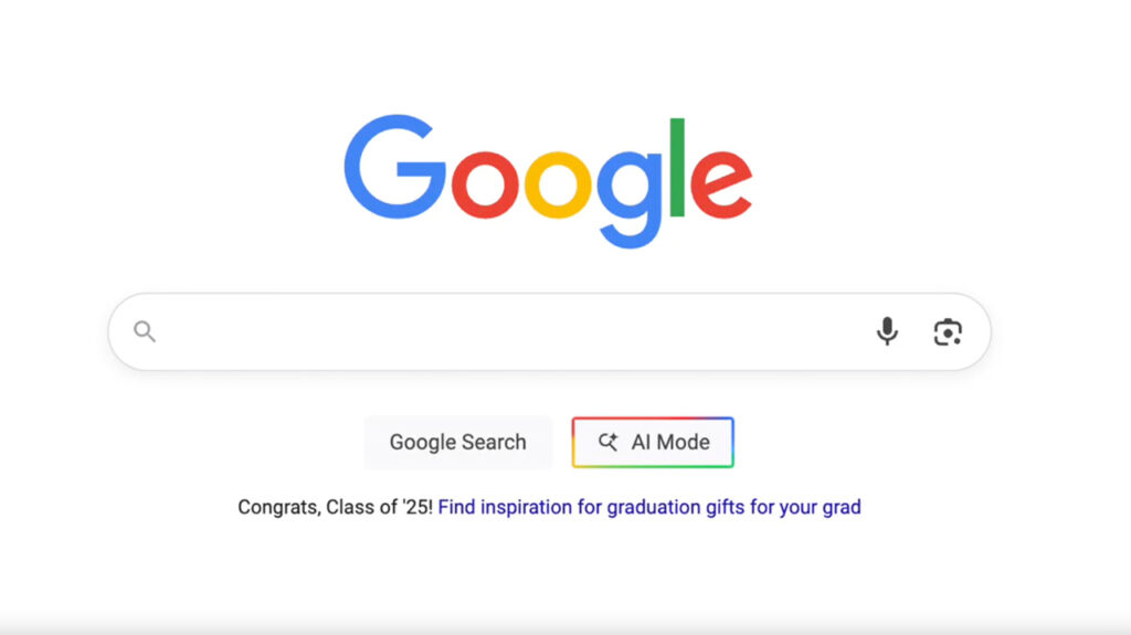 Página de busca do Google com o botão 'Modo IA' no lugar do 
'Estou com sorte'