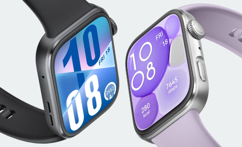 Huawei Watch Fit 4 nas cores preto e roxo, com as caixas na mesma cor, uma espécie de prateado