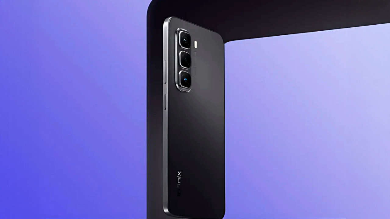Render do Infinix Hot 50 Pro preto sobre um fundo geométrico roxo e preto