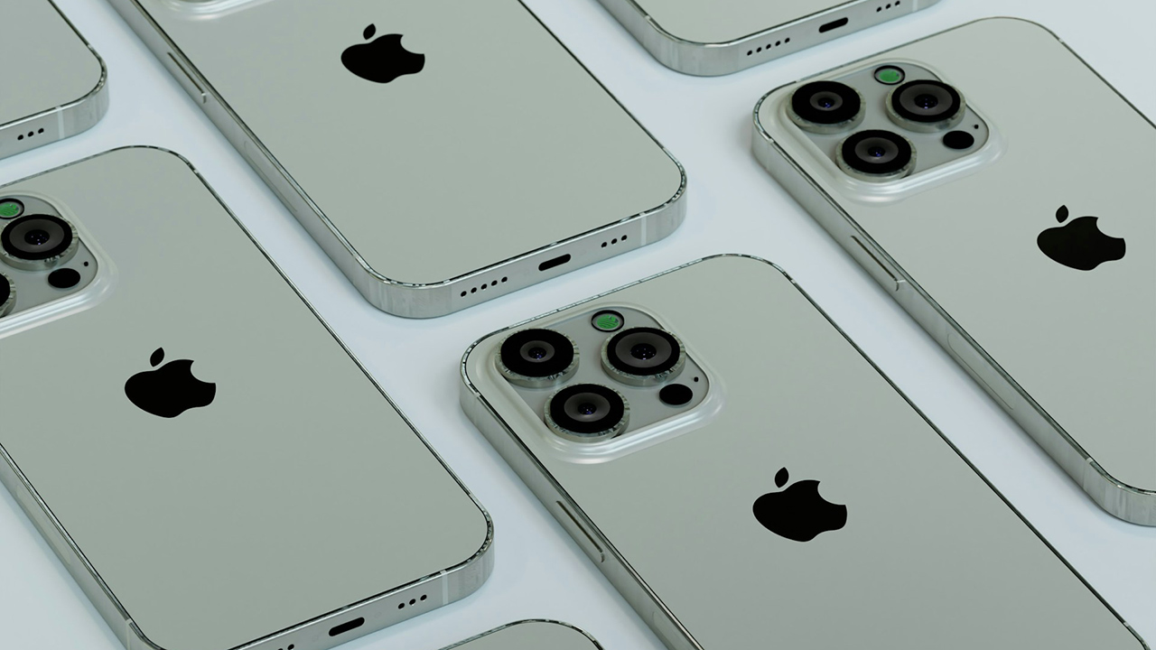 Vários iPhone Pro na cor branca enfileirados em três colunas