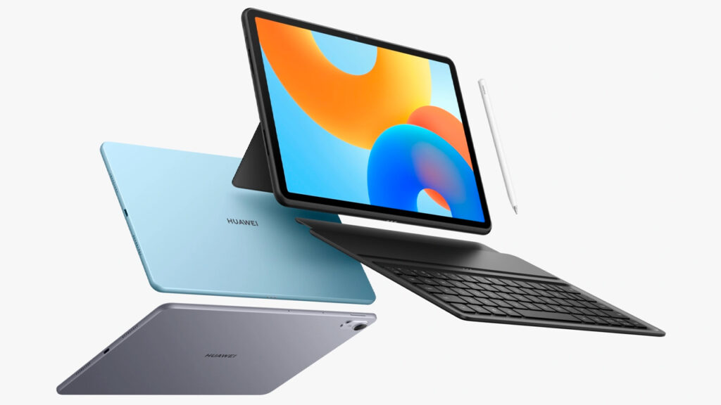 Imagem do tablet MatePad 11.5, da Huawei, frontal e traseira com teclado destacado do seu corpo