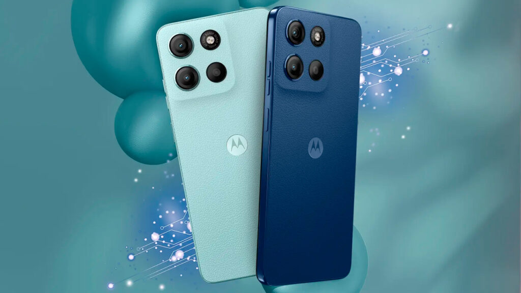 Moto G15 nas cores azul claro e azul escuro sob um fundo com bolhas em tons de azul