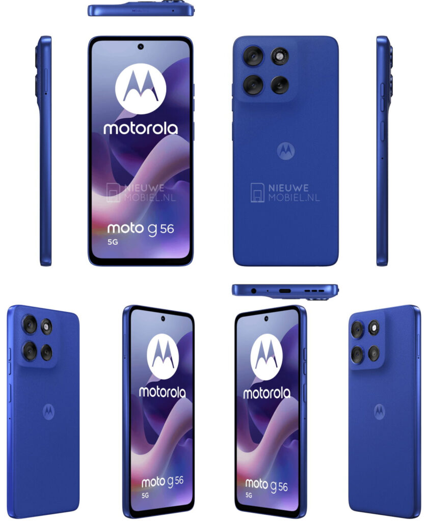 Moto G56 na cor Dazzling Blue em vários ângulos