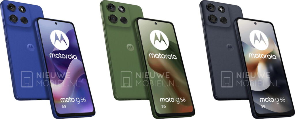 Renderizações do Moto G56 mostram o aparelho em cores pantone azul, verde e preto