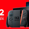 Nintendo Swtich 2: logo, console no modo desktop com o Joy-Con 2 semidesmontado à frente, e uma TV atrás