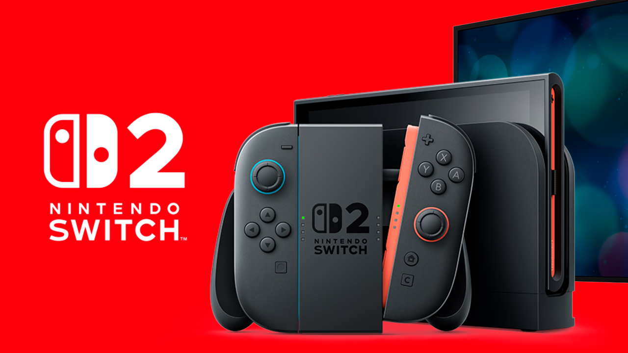 Nintendo Swtich 2: logo, console no modo desktop com o Joy-Con 2 semidesmontado à frente, e uma TV atrás