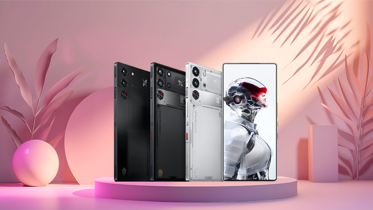 Montagem de renders do RDMAGIC 10S Pro em um palco digital em um fundo com tonalidades rosa