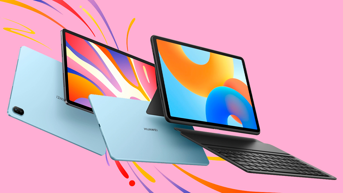 Huawei MateePad SE 11 e MatePad 11.5 em uma montagem de fundo rosa