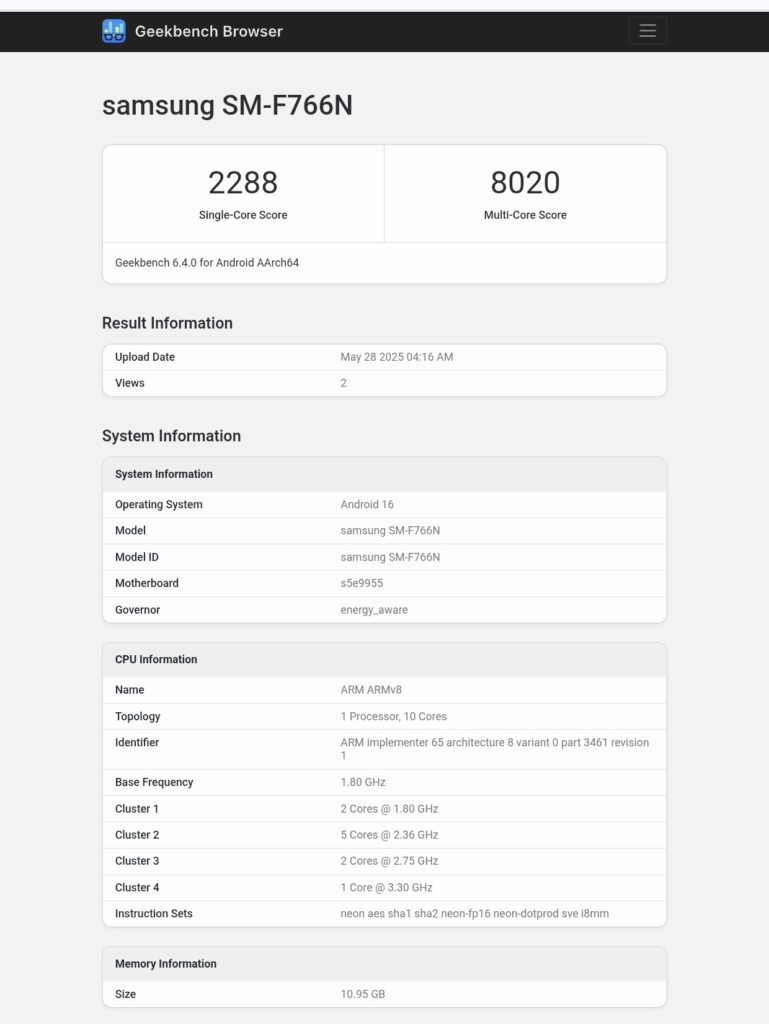 Pontuação do Galaxy Z Flip 7 no Geekbench