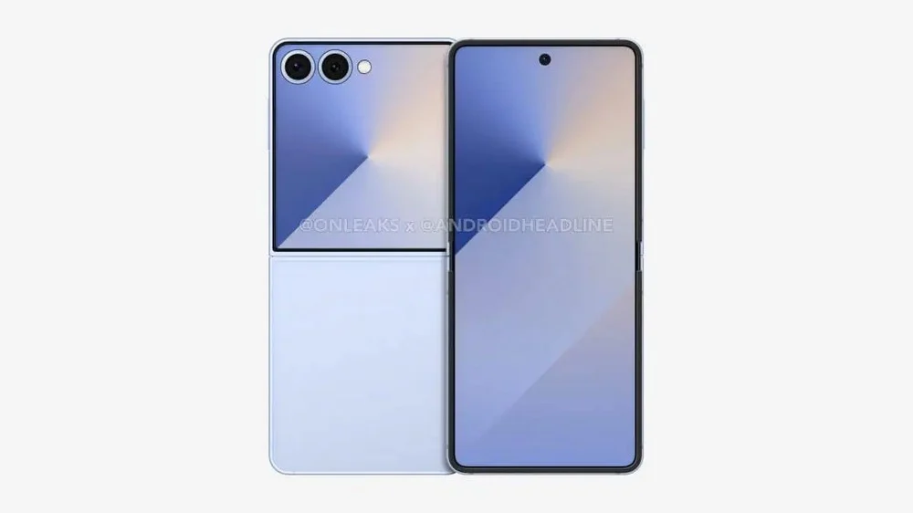 Render de um celular dobrável com tela externa que ocupa quase metade do aparelho quando aberto
