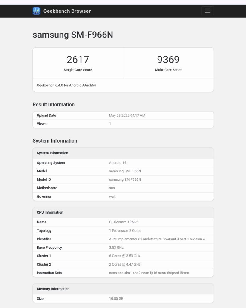 Pontuação do Galaxy Z Fold 7 no Geekbench