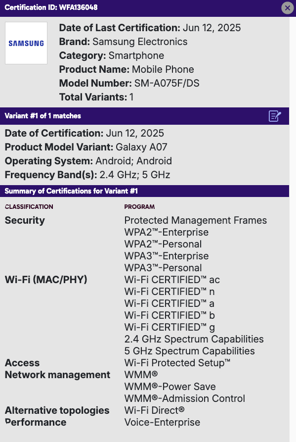 Certificação do Galaxy A07 na Wi-Fi Alliance, com suporte a banda dupla