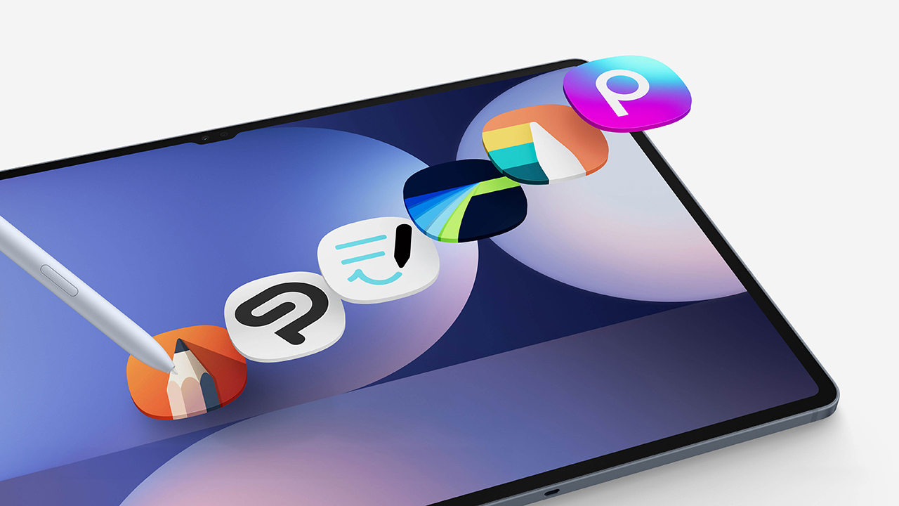 Imagem do Galaxy Tab S10 Ultra com apps saindo da tela e a caneta S Pen