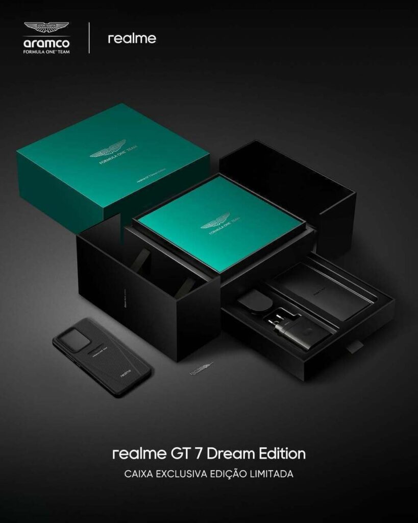 Caixa e acessórios do Realme GT 7 Aston Martin