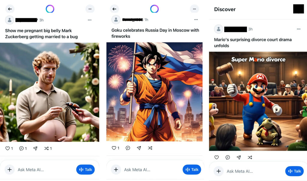 Pedidos inocentes compartilhados publicamente por usuários da Meta AI incluem uma imagem de Zuckerberg grávido casando-se com um inseto, Goku com a bandeira da Rússia e fogos de artifício no fundo, e uma imagem de um processo de divórcio do Mario Bros.