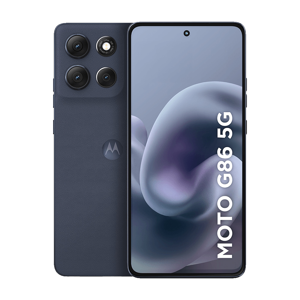 Motorola Moto G86 na cor grafite, verso ligeiramente coberto pela parte frontal