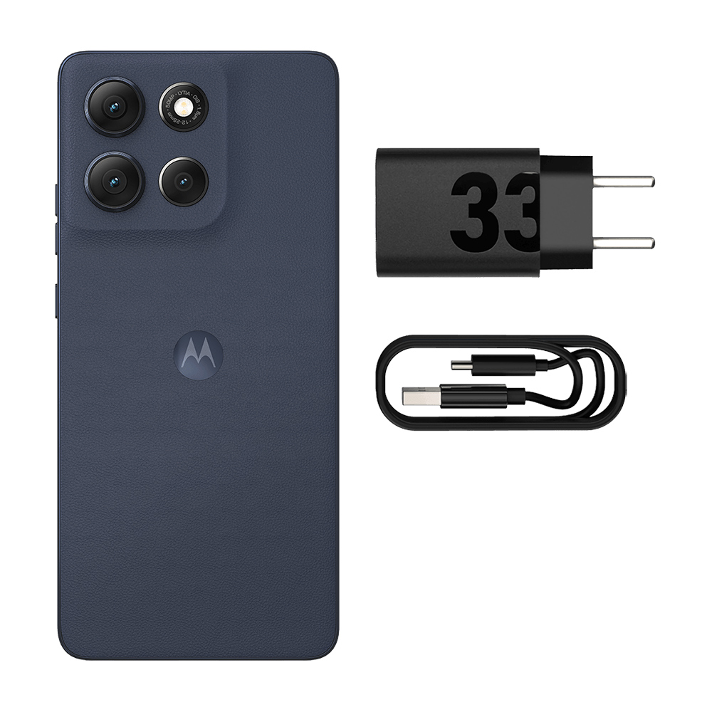 Traseira do Moto G86 grafite com os acessórios da caixa: TurboPower de 33 W e cabo USB-C/USB-C