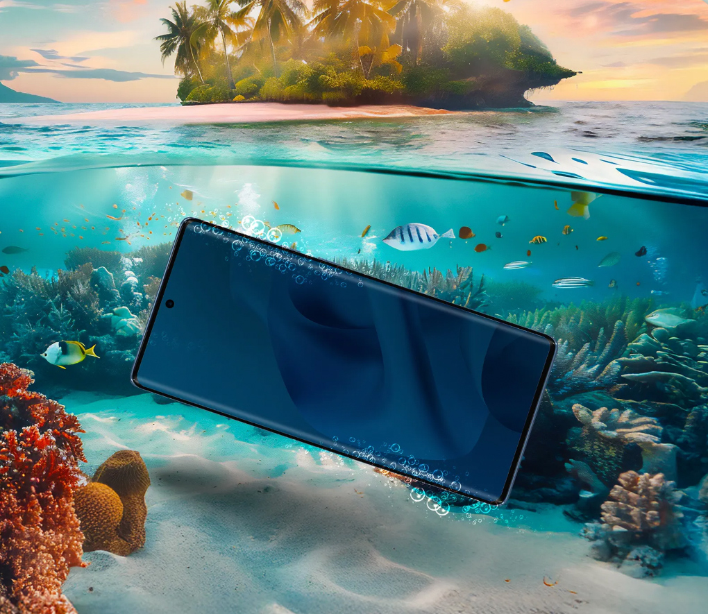 Imagem mostra um celular com a tela ligada submerso em água