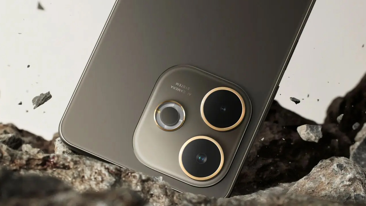 Oppo A5 Pro 5G na cor marrom em cima de um chão de pedra