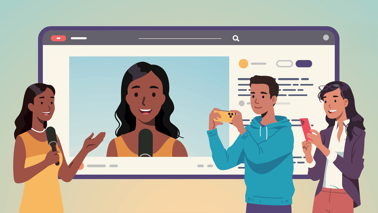 Desenho com a tela de um celular no YouTube mostra uma repórter com o microfone enquanto duas pessoas aparecem filmando a mesma pessoa do lado de fora da tela