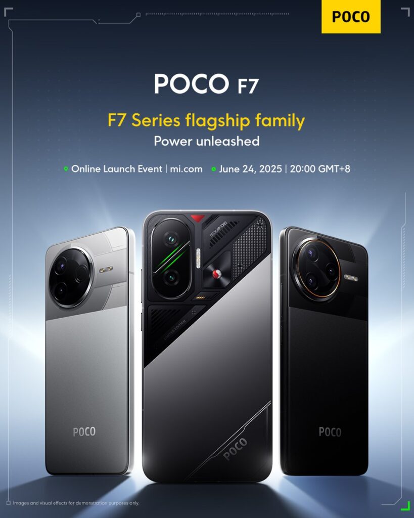Poco F7 anúncio de lançamento: o celular no meio, com o Poco F7 Pro e Ultra, um de cada lado