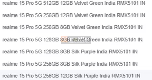 Variantes do Realme 15 Pro na Índia
