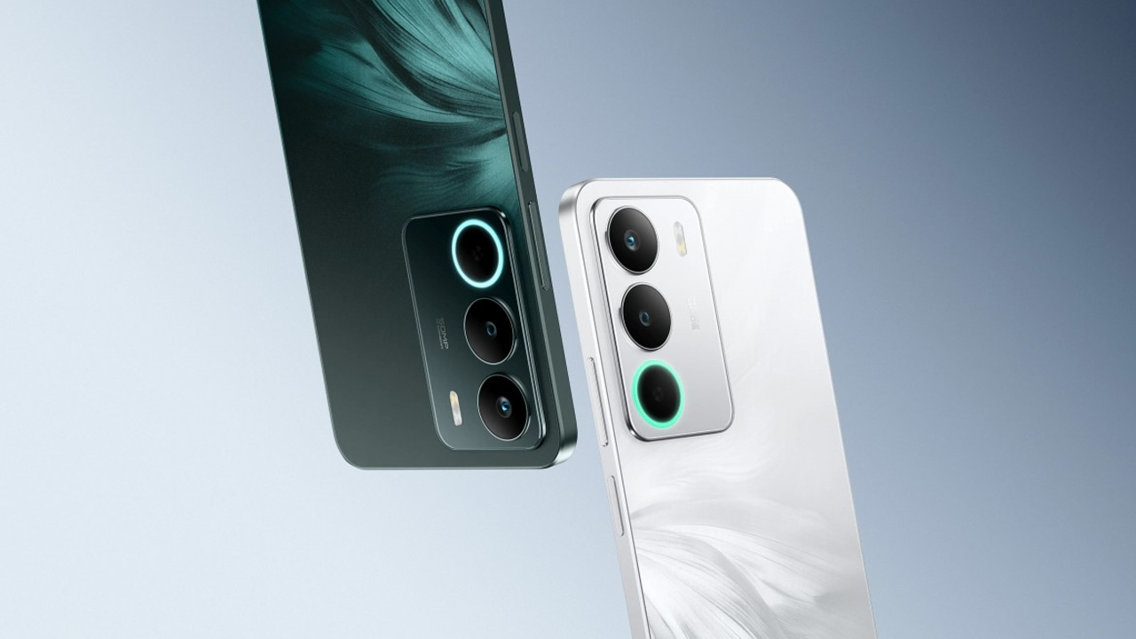Realme C71 nas cores verde e branco, com módulo de câmeras que tem três círculos, mas não são todos câmeras