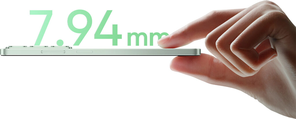 Imagem do Realme C73 5G de lado para mostrar seu corpo considerado fino, de 7,94 mm