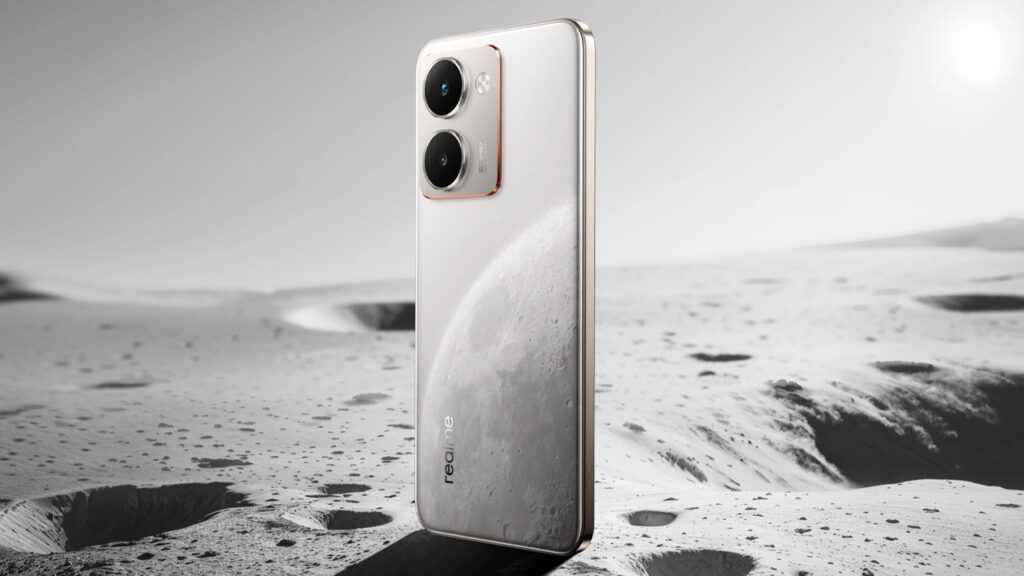 Realme P3 ultra branco no que parece ser a Lua como fundo