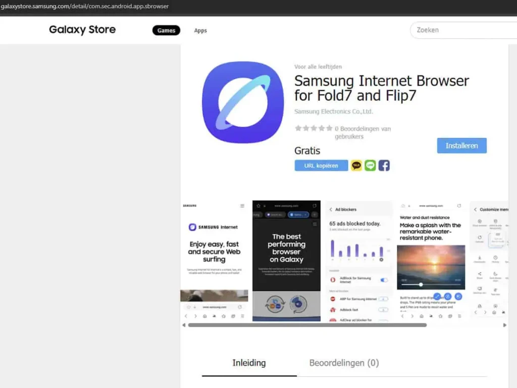 Captura de tela da Galaxy Store na página do Samsung Internet Browser for Fold7 and Flip7
