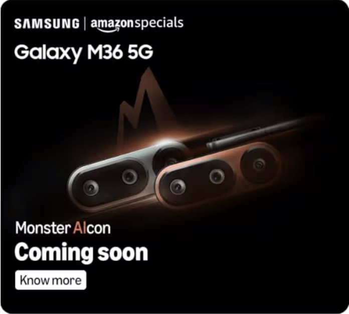Teaser do Galaxy M36 na Amazon promete um "Monster AIcon". Só aparece o módulo de câmeras, que parece um ponto de exclamação