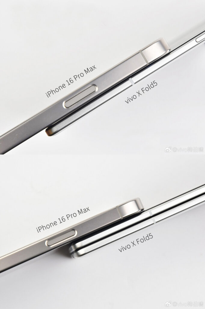 Comparação da espessura do iPhone 16 Pro Max com o Vivo X Fold 5 aberto (acima) e fechado (abaixo). O dobrável parece ter quase a mesma espessura do celular da Apple quando está fechado