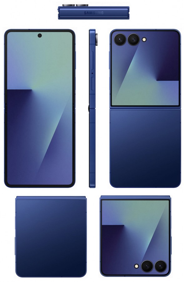 Renders do Galaxy Z Flip 7 Shadow Blue em vários ângulos